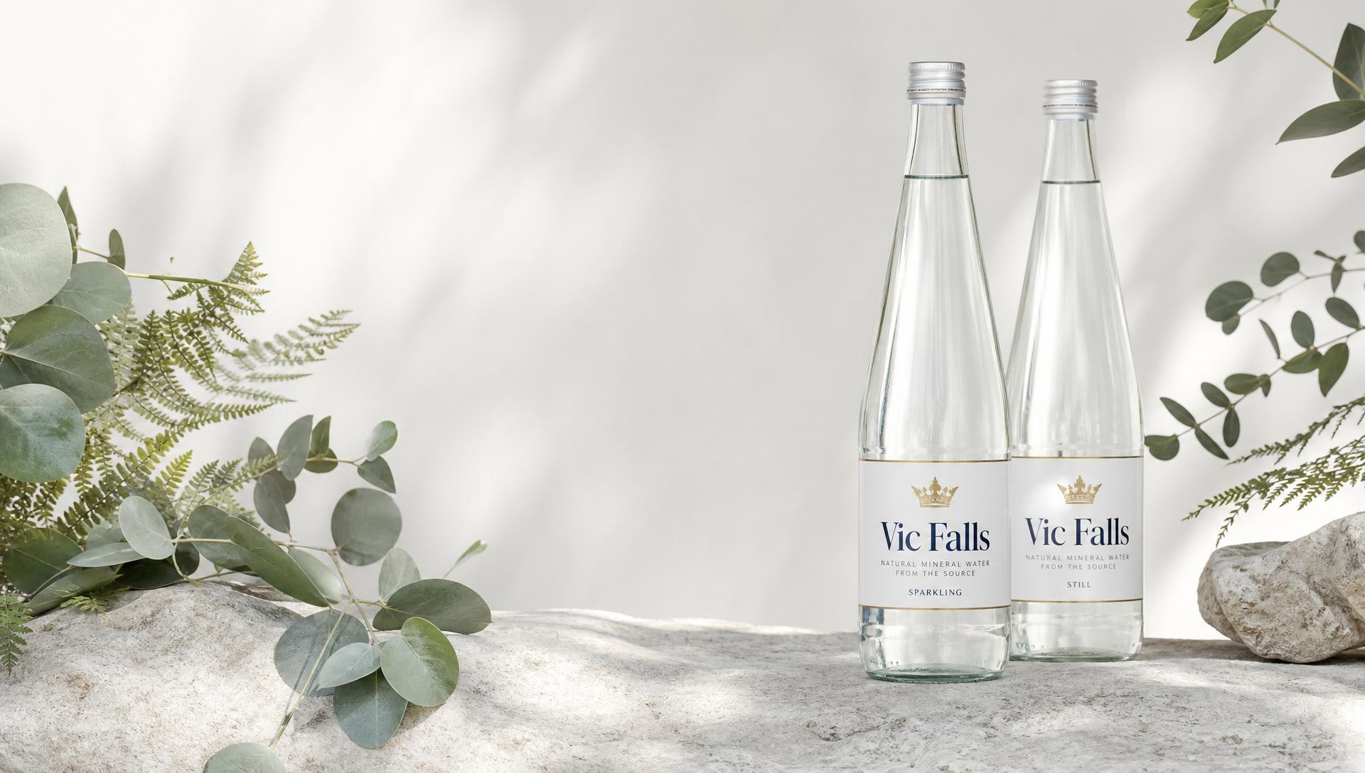 Vic Falls glass water bottles on light stone with eucalyptus and ferns